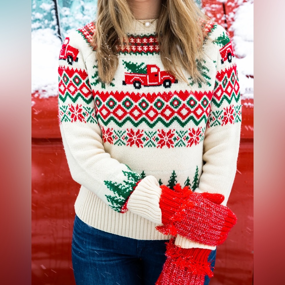 Kiel James Patrick Cream Sweater with Red & Green Fair Isle Truck Motif